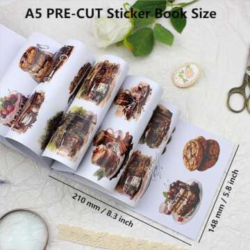 Dwpetzo Vintage Coffee A5 Sticker Book for Journaling, Pre-Cut Dual Material, Decorative Dissert Cake House Stickers for Adults Scrapbooking Supplies Junk Journals Art Crafts