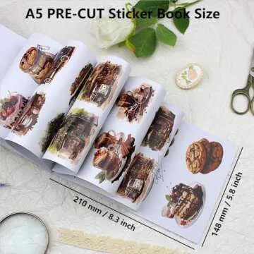 Dwpetzo Vintage Coffee A5 Sticker Book for Journaling, Pre-Cut Dual Material, Decorative Dissert Cake House Stickers for Adults Scrapbooking Supplies Junk Journals Art Crafts