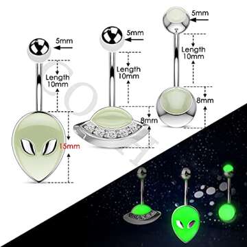 COCHARM 3PCS Halloween Alien Belly Button Rings Glow in the Dark 14G UFO Belly Navel Piercing Jewelr...