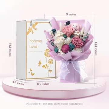 Polylove Forever Flower Bouquet Purple Flower Bouquet Preserved Roses with Bear Gift Box for Wife Mo...