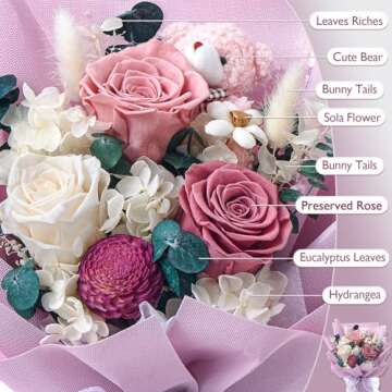 Polylove Forever Flower Bouquet Purple Flower Bouquet Preserved Roses with Bear Gift Box for Wife Mother Anniversary Birthday
