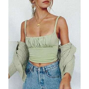 BEJONS Women Y2k Green Corset Like Going Out Ruched Crop Tank Top Cute Square Neck Double Lined Ruffle Brami Camisole Teen Clothes Dressy Summer Basic Dance Concert Outfit Army Green XL