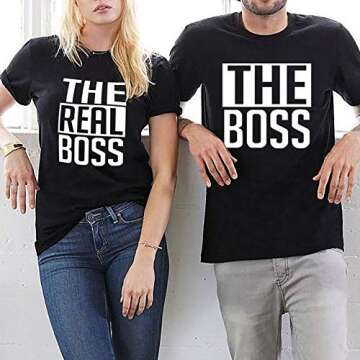 Matching Couple Shirts-The BOSS&The Real BOSS Shirts-His&Her Shirts (Black, Men-L+Women-S)