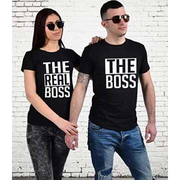 Matching Couple Shirts-The BOSS&The Real BOSS Shirts-His&Her Shirts (Black, Men-L+Women-S)