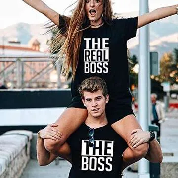 Matching Couple Shirts-The BOSS&The Real BOSS Shirts-His&Her Shirts (Black, Men-L+Women-S)