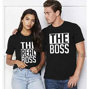 Matching Couple Shirts-The BOSS&The Real BOSS Shirts-His&Her Shirts (Black, Men-L+Women-S)