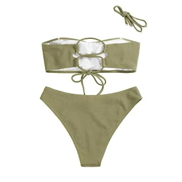 ZAFUL Women Strapless Ribbed High Cut Bikini Set