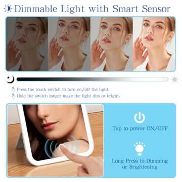 Gtinli 360° Rotating LED Makeup Mirror Rechargeable Travel Vanity Mirror with Lights Dimmable 3 Color LED and Brightness Portable Mirror for Desk Lighted Compact Travel Mirror with Touch Screen