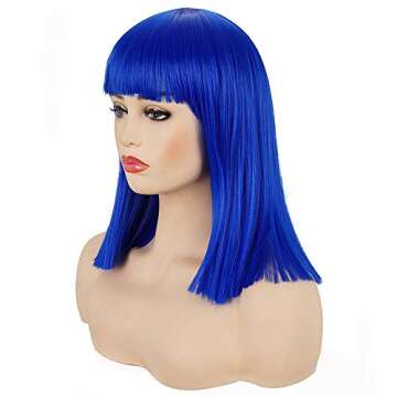 Morvally Short Straight Blue Bob Wig with Blunt Bangs