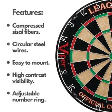 Viper League Pro Regulation Bristle Steel Tip Dartboard Starter Set with Staple-Free Bullseye, Radial Spider Wire, High-Grade Sisal with Rotating Number Ring, Chalk Cricket Scoreboard, Steel Tip Darts