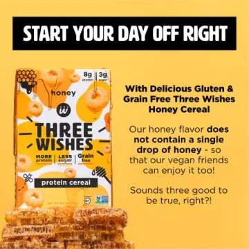 Protein and Gluten-Free Breakfast Cereal by Three Wishes (1-Pack) - High Protein and Low Sugar Snack - Vegan, Kosher, Grain-Free and Dairy-Free - Non-GMO (Honey)