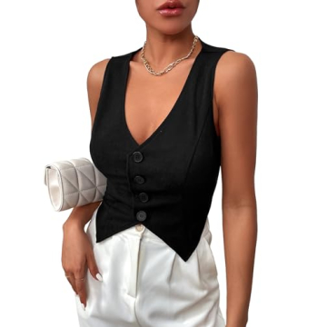 SweatyRocks Women's Asymmetrical Hem Button Front Crop Vest Blazer V Neck Sleeveless Crop Tank Top f...