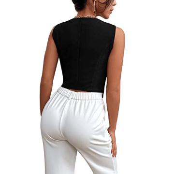 SweatyRocks Women's Asymmetrical Hem Button Front Crop Vest Blazer V Neck Sleeveless Crop Tank Top for Women Black S