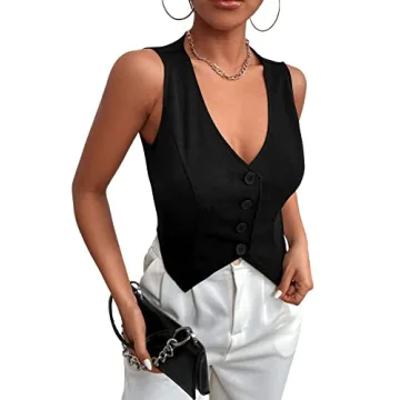 SweatyRocks Women's Asymmetrical Hem Button Front Crop Vest Blazer V Neck Sleeveless Crop Tank Top for Women Black S