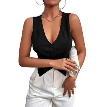 SweatyRocks Women's Asymmetrical Hem Button Front Crop Vest Blazer V Neck Sleeveless Crop Tank Top for Women Black S