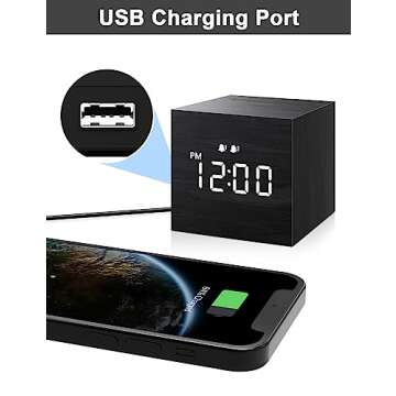 JALL Digital Alarm Clock, with Wooden Electronic LED Time Display, Dual Alarm, 2.5-inch Cubic Small ...