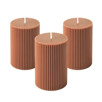 3-Pack Brown Ribbed Pillar Candles Unscented, 2.75x4 Inches Maroon Brown Candles Handmade, Aesthetic...