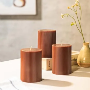 Elegant Brown Ribbed Pillar Candles - 3-Pack for Home Decor