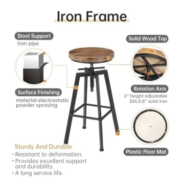 VILAVITA Vintage Adjustable Bar Stools Rustic Industrial Swivel