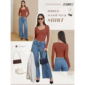 ATHMILE Long Sleeve Tops Women Fall Outfits 2025 Fashion Going Out Outfits Ribbed Scoop Neck Casual Slim Basic Tee Fitted Trendy Clothes Undershirt