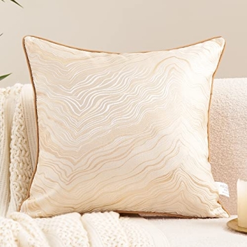 Avigers 18 x 18 Inch Square Beige Gold Abstract Striped Embroidery Cushion Case Luxury Modern Throw ...