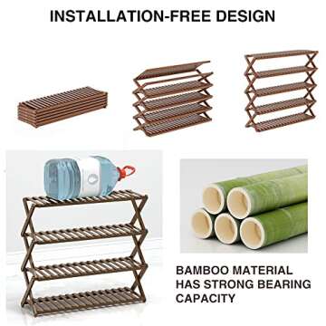 Homietina Foldable Bamboo Shoe Rack 4 Tier, Free Standing Shoe Storage Organizer for Entryway, Multifunctional Shoe Shelf for Home, Door, Hallway, Balcony, Bedroom