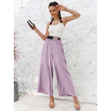 Eteviolet Women's Boho High Waisted Palazzo Pants Summer Beach Wide Leg Flowy Pants(Purple,L)