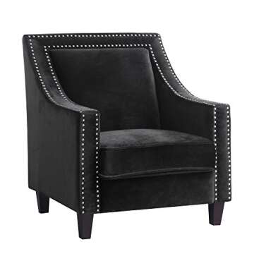 Iconic Home Camren Accent Club Chair Velvet Upholstered Swoop Arm Silver Nailhead Trim Espresso Finished Wood Legs Modern Contemporary, Black,FAC2993-AN