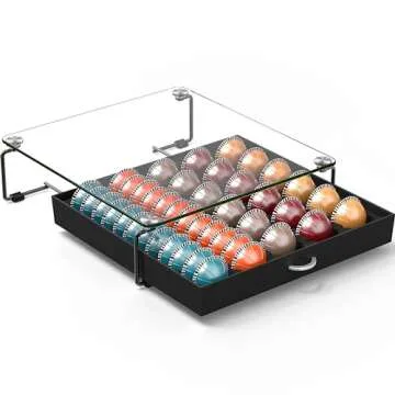 DecoBrothers Crystal Tempered Glass Vertuo Pod Holder Drawer, 30 Large or 60 Small Nespresso Capsule Organizer, Black