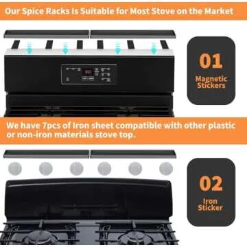 BFONS 30" Magnetic Stove Top Shelf Spice Rack Storage, Silicone Top Heat Material Stove Rack Shelf Flexible Seasoning Organizer Kitchen Shelves Gadgets with 2 Functional Prtitions for Kitchen （Grey）