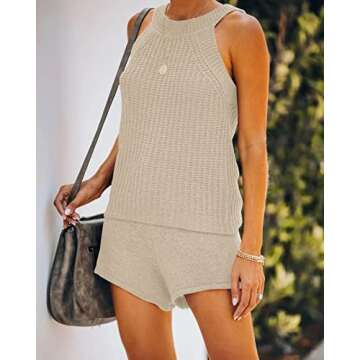 Saodimallsu Womens Two Piece Outfits Summer Halter High Neck Tank Top Ribbed Knit Sleeveless Shirts High Waist Shorts Apricot
