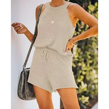 Saodimallsu Womens Two Piece Outfits Summer Halter High Neck Tank Top Ribbed Knit Sleeveless Shirts High Waist Shorts Apricot