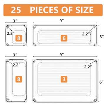 25 PCS Clear Plastic Desk Drawer Divider, Organizer Trays, Storage Bins, Bathroom Drawer Organizers for Makeup, Bedroom, Office, Kitchen Divider Utensils, 4 Sizes