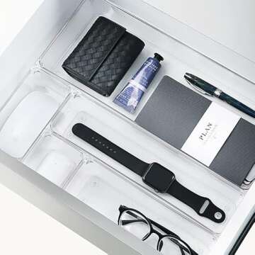 25 PCS Clear Plastic Desk Drawer Divider, Organizer Trays, Storage Bins, Bathroom Drawer Organizers for Makeup, Bedroom, Office, Kitchen Divider Utensils, 4 Sizes