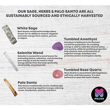 Mecka White Sage & Tumbled Rose Quartz and Tumbled Amethyst | Energy Cleansing Kit - Home Cleansing ...