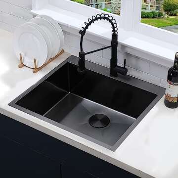 VCCUCINE 25 Inch Black Drop in Kitchen Sink,25x22 Inch Gunmetal Black Single Bowl Stainless Steel Ba...