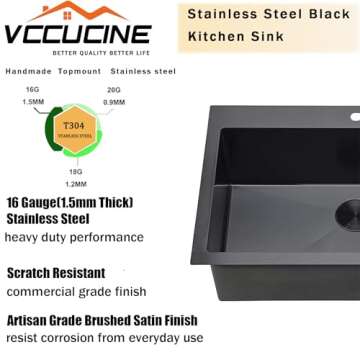 VCCUCINE 25 Inch Black Drop in Kitchen Sink,25x22 Inch Gunmetal Black Single Bowl Stainless Steel Basin Topmount Kitchen Sink,16 Gauge Metal Laundry Sink Black Small Kitchen Sink