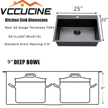 VCCUCINE 25 Inch Black Drop in Kitchen Sink,25x22 Inch Gunmetal Black Single Bowl Stainless Steel Basin Topmount Kitchen Sink,16 Gauge Metal Laundry Sink Black Small Kitchen Sink