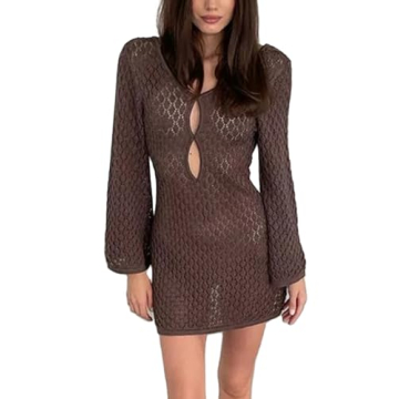 Faretumiya Women See Through Crochet Bodycon Beach Cover Up Dress