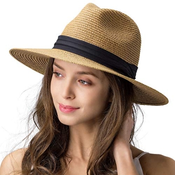 Womens Mens Wide Brim Straw Panama Hat Fedora Summer Beach Sun Hat UPF Straw Hat for Women