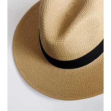 Womens Mens Wide Brim Straw Panama Hat Fedora Summer Beach Sun Hat UPF Straw Hat for Women