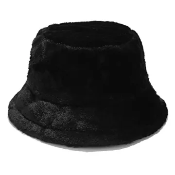 Umeepar Winter Faux Fur Fuzzy Bucket Hat Fluffy Warm Hat for Women Men (Plain Black)