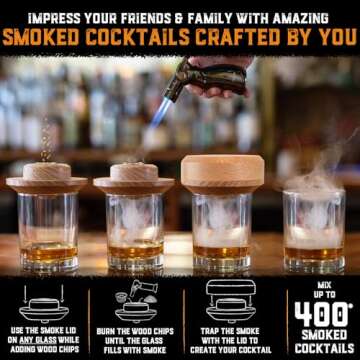 Whiskey Cocktail Smoker Kit with Torch & 8 Flavors Wood Chips - Premium USA Oak Smoker - Old Fashion...