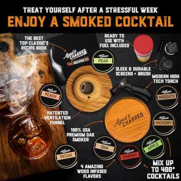 Whiskey Cocktail Smoker Kit with Torch & 8 Flavors Wood Chips - Premium USA Oak Smoker - Old Fashioned Smoker Kit - Bourbon Gifts for Men (with Butane)