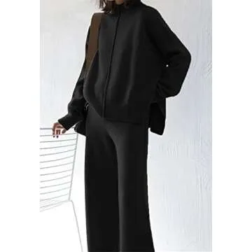 AOHITE Womens 2 Piece Outfit Set Long Sleeve Knit Pullover Sweater Top and Wide Leg Pants Sweatsuit ...