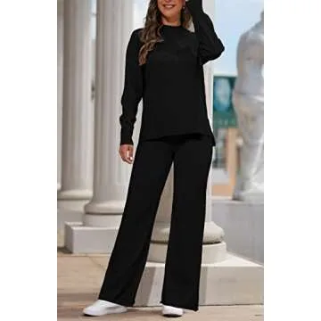 AOHITE Womens 2 Piece Outfit Set Long Sleeve Knit Pullover Sweater Top and Wide Leg Pants Sweatsuit Black Medium