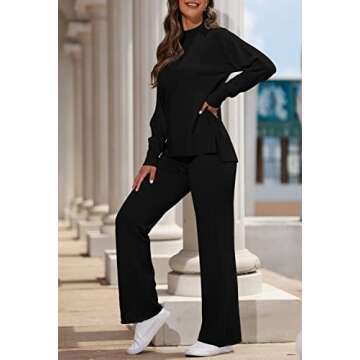AOHITE Womens 2 Piece Outfit Set Long Sleeve Knit Pullover Sweater Top and Wide Leg Pants Sweatsuit Black Medium