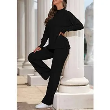 AOHITE Womens 2 Piece Outfit Set Long Sleeve Knit Pullover Sweater Top and Wide Leg Pants Sweatsuit Black Medium