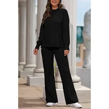 AOHITE Womens 2 Piece Outfit Set Long Sleeve Knit Pullover Sweater Top and Wide Leg Pants Sweatsuit Black Medium