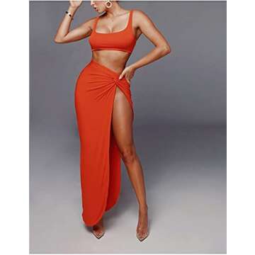 SAFRISIOR Women’s Sexy Crop Tank Top Bodycon Twist Side Split Long Skirts 2 Pieces Dress Two Piece...